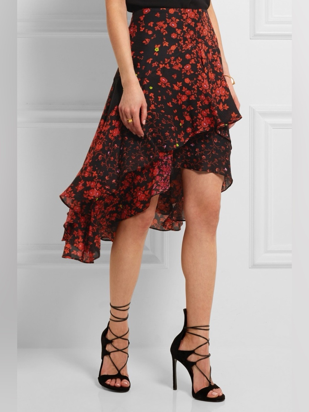Preen by Thornton Bregazzi Ava Silk Black Midi Skirt with Red Floral Print Small